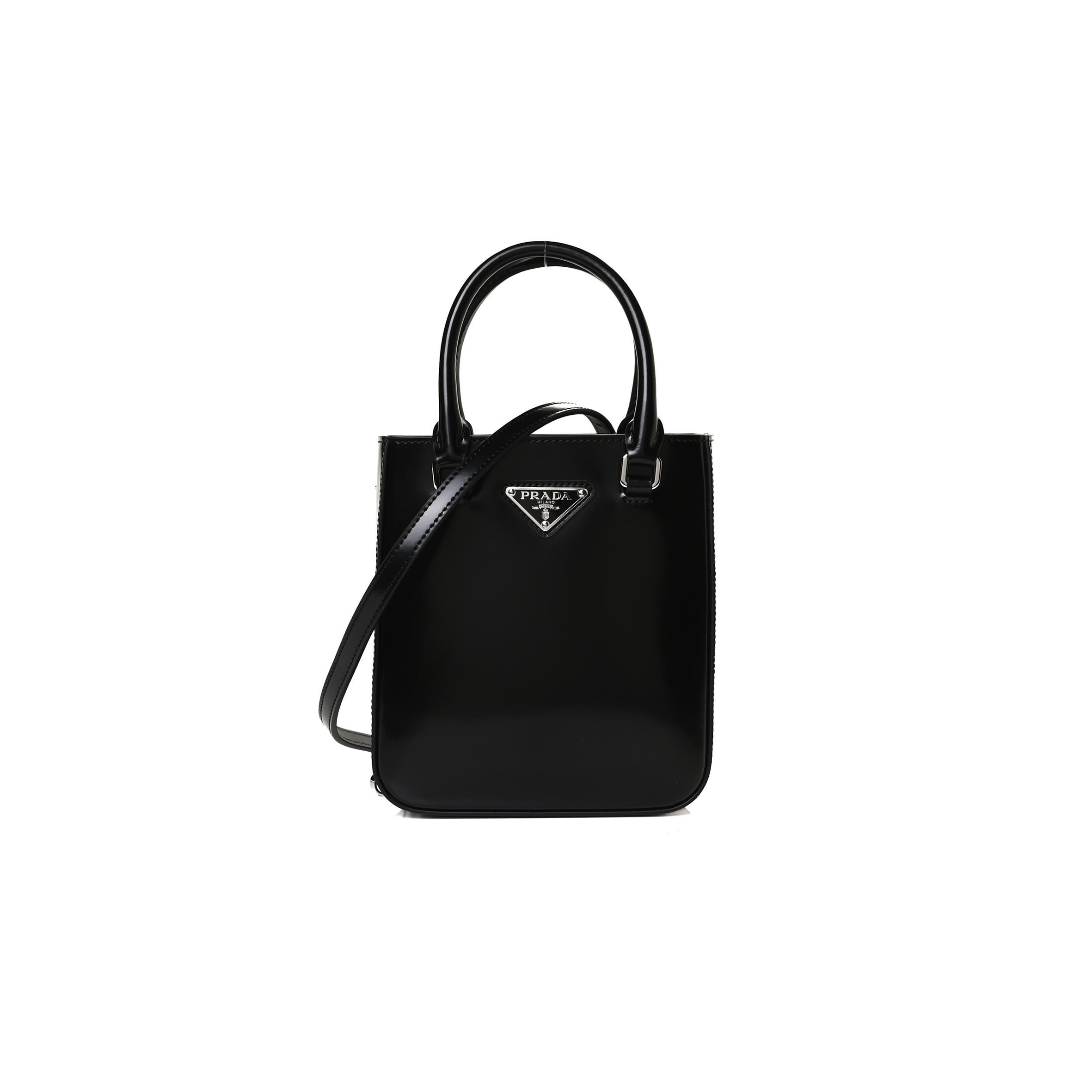 PRADA SPAZZOLATO METAL TRIANGLE LOGO SMALL DOUBLE HANDLE CROSSBODY TOTE BLACK 1BA331 (17.5*15*5cm) 